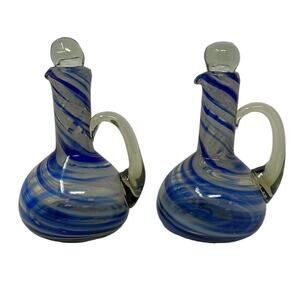 Cobalt Swirl Handblown Cruet Set Pair of Art Glass Oil Vinegar Dressing Bottles